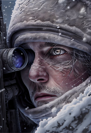 A soldier in winter conditions with a weapon equipped with a telescopic sight. Generative AI Art.の素材