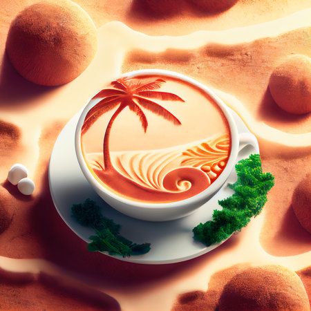A cup of coffee with beautiful latte art. A cup of coffee with latte art on the shore of a sunny beach. Generative AI Artの素材
