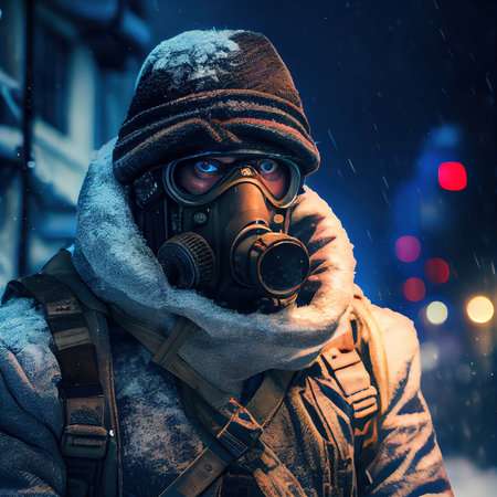 Portrait of a surviving stalker in an old gas mask against an apocalyptic background. Survivor of nuclear war. The concept of the post-apocalypse. Generative AI Artの素材