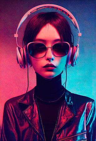 A portrait of a creative beauty wearing fancy headphones. A lover of fashionable music. Generative AI Artの素材