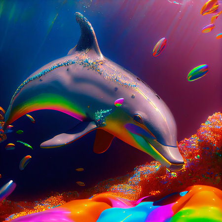 Portrait of a dolphin swimming in fabulous beautiful water. Generative AI Artの素材