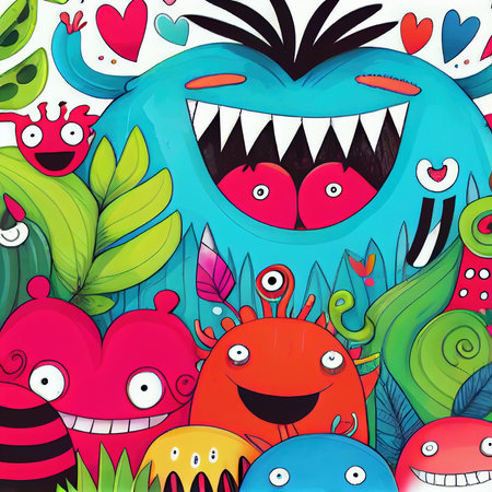 Abstract magical funny cartoon monsters. Lots of colored paint, ink, funny monsters and rainbow colors. Colorful wonderful surrealism of dreams. The concept of dreams and illusions. Generative AI Artの素材