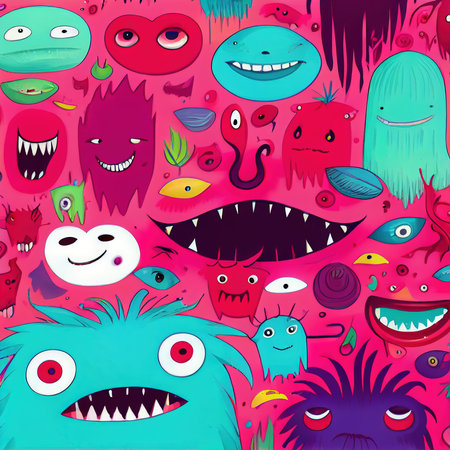 Abstract magical funny cartoon monsters. Lots of colored paint, ink, funny monsters and rainbow colors. Colorful wonderful surrealism of dreams. The concept of dreams and illusions. Generative AI Artの素材