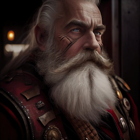 Old bearded Santa Claus in steampunk armor and with a gun. A winter holiday concept. Generative AI Artの素材
