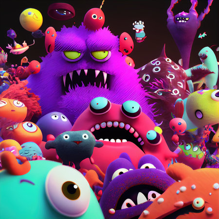 Abstract magical funny cartoon monsters. Lots of colored paint, ink, funny monsters and rainbow colors. Colorful wonderful surrealism of dreams. The concept of dreams and illusions. Generative AI Artの素材