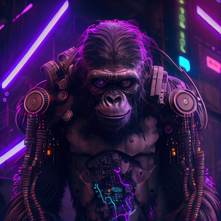 Portrait of a cyberpunk monkey. High-tech futuristic monkey from the future. The concept of virtual reality and cyberpunk. Generative AI Art.の素材