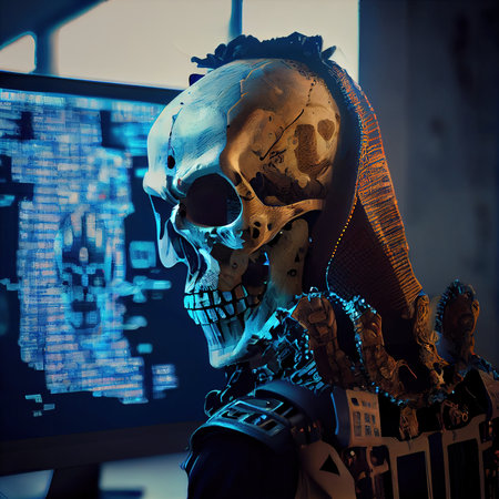 Portrait of a digital skull in the style of a sci-fi cyberpunk. The concept of hacking, virtual reality and cyberpunk. Generative AI Art.の素材