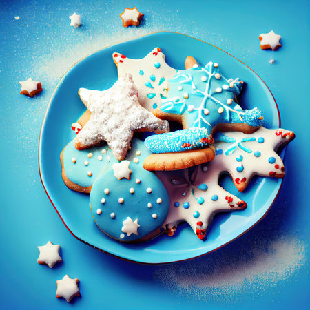 Delicious homemade Christmas cookies and other Christmas treats, close-up view. Generative AI Artの素材