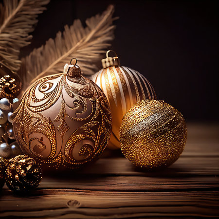 Christmas decoration on an abstract background. Christmas balls and tree branches. Generative AI Artの素材