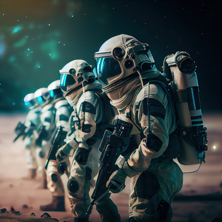 A squad of astronauts in a spacesuit. High-tech astronauts from the future. The concept of space travel. Generative AI Artの素材