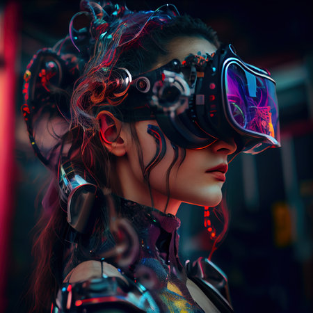 Portrait of a sci-fi cyberpunk girl. High-tech futuristic woman from the future. The concept of virtual reality and cyberpunk. Generative AI Art.の素材