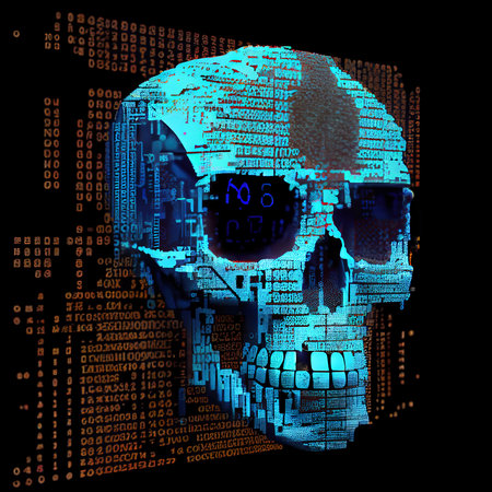 Portrait of a digital skull in the style of a sci-fi cyberpunk. The concept of hacking, virtual reality and cyberpunk. Generative AI Art.の素材
