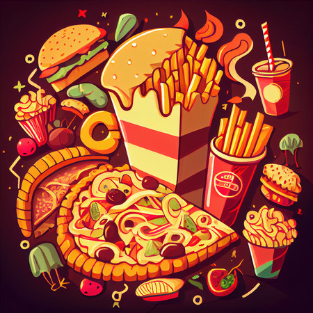 Burgers with meat patty and chips. Fast Street Food. Generative AI Art.の素材