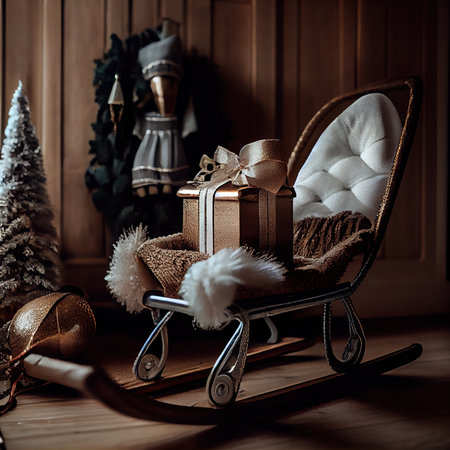 Christmas gifts on festive background. Boxes of gifts on an old rocking chair. Christmas atmosphere. Generative AI Artの素材