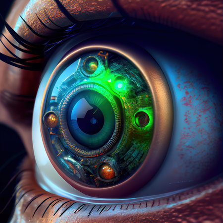 A cyber eye with mechanical details in close-up. A cybernetic eye with bright colors. Generative AI Art.の素材