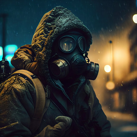 Portrait of a surviving stalker in an old gas mask against an apocalyptic background. Survivor of nuclear war. The concept of the post-apocalypse. Generative AI Artの素材