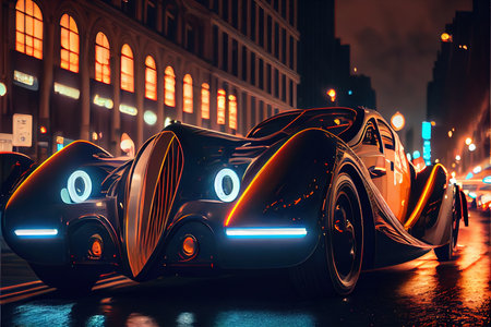 Retro car racing down the road through the old town. The picture is in black and white. Generative AI Art.の素材