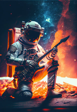 An astronaut on an alien planet playing an electric guitar. A high-tech astronaut from the future. The concept of space travel. Generative AI Artの素材