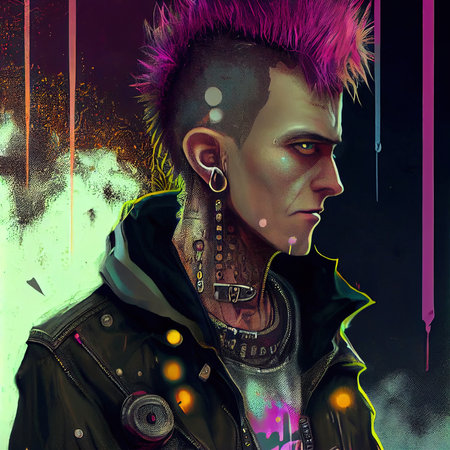 Portrait of a punk with colored hair. Rock metal musician. Hipster man with punk hair. The concept of a rock musician. Generative AI Artの素材