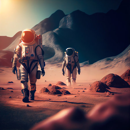 An astronaut on an alien planet. A high-tech astronaut from the future. The concept of space travel. Generative AI Artの素材