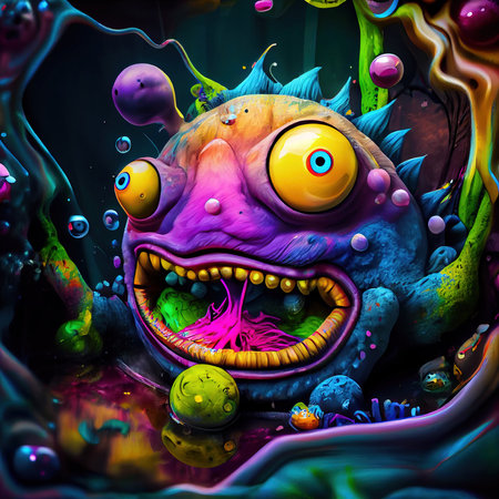 Abstract magical funny cartoon monsters. Lots of colored paint, ink, funny monsters and rainbow colors. Colorful wonderful surrealism of dreams. The concept of dreams and illusions. Generative AI Artの素材