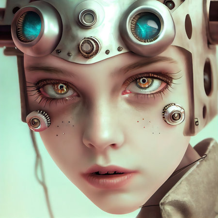 Portrait of a sci-fi cyberpunk girl. High-tech futuristic woman from the future. The concept of virtual reality and cyberpunk. Generative AI Art.の素材