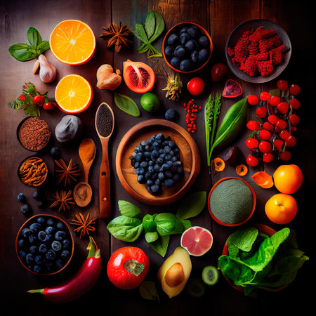 Healthy food and clean eating. Fruits, seeds, vegetables, grains, leafy vegetables. Generative AI Artの素材