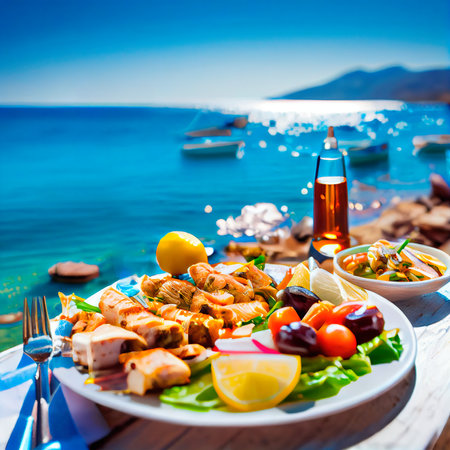 An assortment of Greek dishes with the sea and the sunny sky as a backdrop. Generative AI Artの素材
