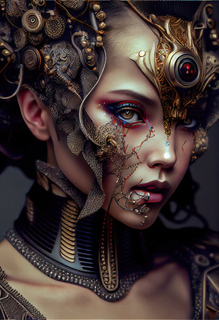 Portrait of a sci-fi cyberpunk girl. High-tech futuristic woman from the future. The concept of virtual reality and cyberpunk. Generative AI Art.の素材