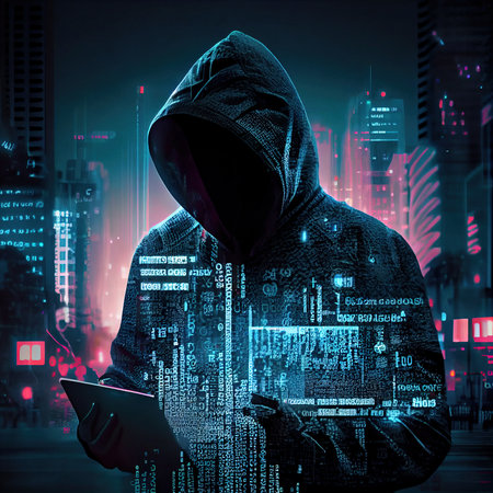 Portrait of a sci-fi cyberpunk hacker. High-tech futuristic man from the future. The concept of virtual reality and cyberpunk. Generative AI Art.の素材