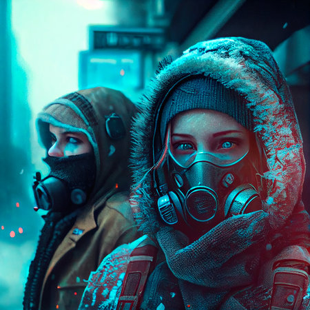 Portrait of a surviving stalker in an old gas mask against an apocalyptic background. Survivor of nuclear war. The concept of the post-apocalypse. Generative AI Artの素材