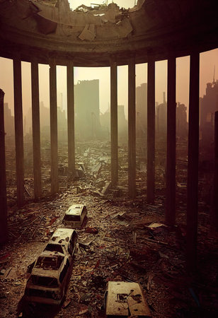 A post-apocalyptic ruined city. Destroyed buildings, destroyed roads, blown up skyscrapers. The concept of the apocalypse. Generative AI Artの素材