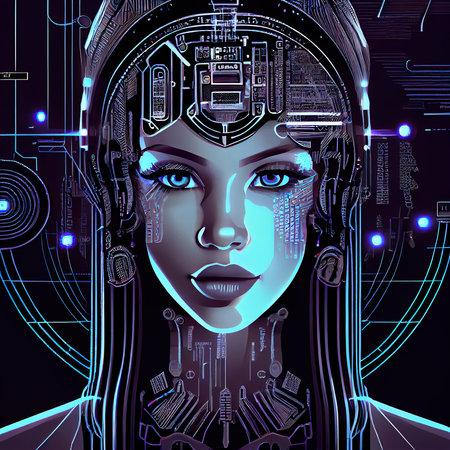 Portrait of a sci-fi cyberpunk girl. High-tech futuristic woman from the future. The concept of virtual reality and cyberpunk. Generative AI Art.の素材