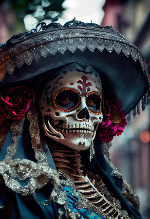 A young beautiful woman with a skull painted on her face on the Day of the Dead in Mexico. Generative AI Artの素材