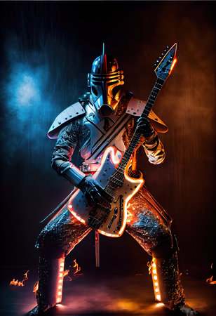 Portrait of an ancient male warrior in ancient warrior armor with an electric guitar. The concept of an ancient brave warrior. Generative AI Art.の素材
