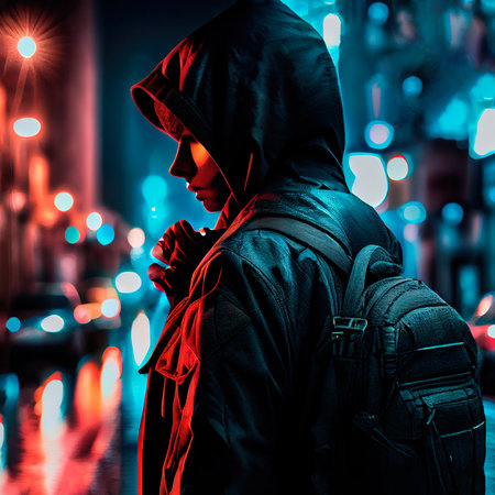 Portrait of a sci-fi cyberpunk hacker. High-tech futuristic man from the future. The concept of virtual reality and cyberpunk. Generative AI Art.の素材