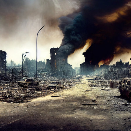 A post-apocalyptic ruined city. Destroyed buildings, destroyed roads, blown up skyscrapers. The concept of the apocalypse. Generative AI Artの素材