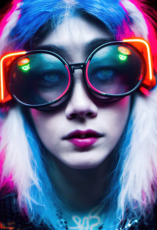 Fictional portrait of a fictional punk pretty girl with headphones and colored hair. Hipster girl with punk hair. 3D renderの素材