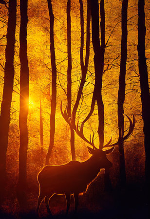Wild deer in the evening sunlight in the autumn forest. Autumn forest and beautiful deer. 3D renderingの素材