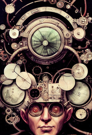 Portrait of a steampunk scientist. An artistic abstract cyberpunk fantasy. Concept of a vintage scientist. Generative AI Artの素材