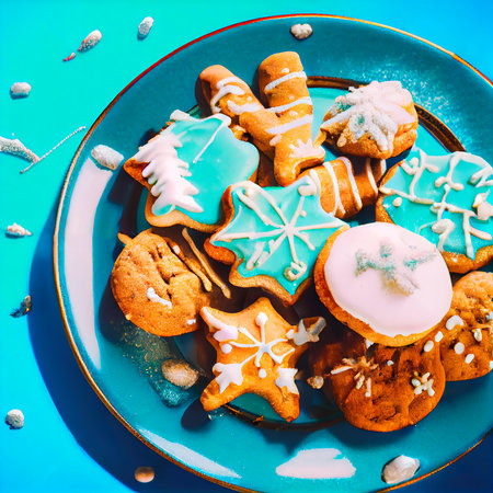 Delicious homemade Christmas cookies and other Christmas treats, close-up view. Generative AI Artの素材