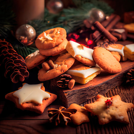 Delicious homemade Christmas cookies and other Christmas treats, close-up view. Generative AI Artの素材
