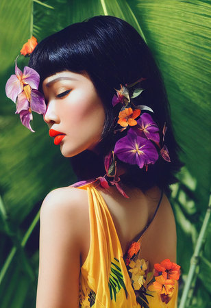 Abstract portrait of a beautiful fictional asian girl. Fashionable cute woman. Creative beautiful girl. Generative AI Artの素材