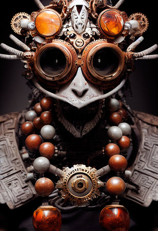 Portrait of a steampunk robot. An artistic abstract cyberpunk fantasy. Concept of a vintage robot. Generative AI Artの素材