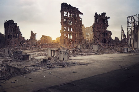 A post-apocalyptic ruined city. Destroyed buildings, destroyed roads, blown up skyscrapers. The concept of the apocalypse. Generative AI Artの素材