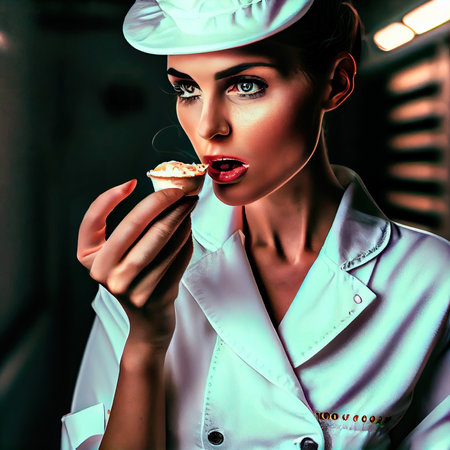 An abstract portrait of a beautiful fictional girl with a ice cream. A fashionable pretty woman. Creative pretty girl. Generative AI Art.の素材