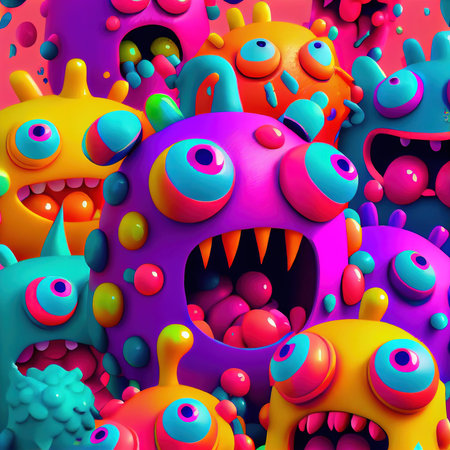 Abstract magical funny cartoon monsters. Lots of colored paint, ink, funny monsters and rainbow colors. Colorful wonderful surrealism of dreams. The concept of dreams and illusions. Generative AI Artの素材