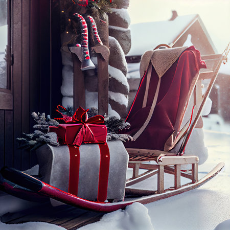 Christmas gifts on festive background. Boxes with presents on Santa Clauss sleigh. Christmas atmosphere. Generative AI Artの素材