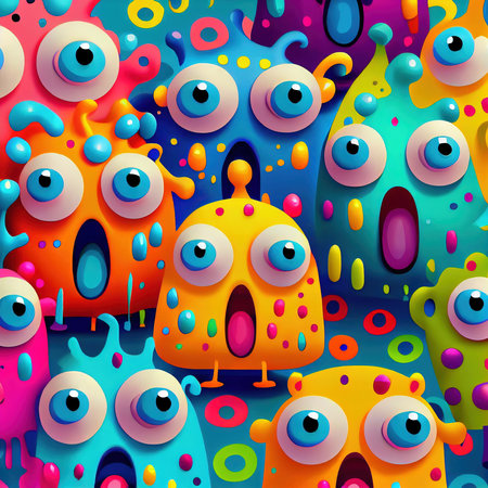 Abstract magical funny cartoon monsters. Lots of colored paint, ink, funny monsters and rainbow colors. Colorful wonderful surrealism of dreams. The concept of dreams and illusions. Generative AI Artの素材