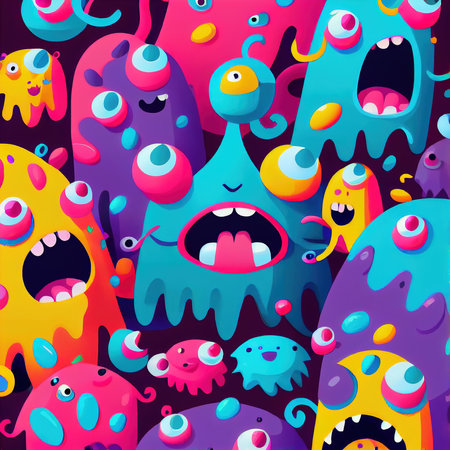 Abstract magical funny cartoon monsters. Lots of colored paint, ink, funny monsters and rainbow colors. Colorful wonderful surrealism of dreams. The concept of dreams and illusions. Generative AI Artの素材
